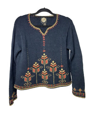 Planet Earth Sweaters Women's Large Hand Loomed Peru Black Geometric 100% Cotton